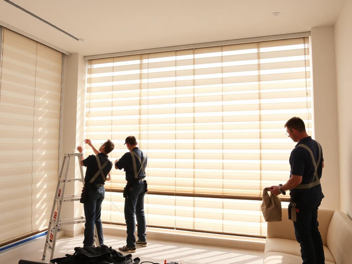 Skyliving Shades team installing motorised blinds in a Dubai villa